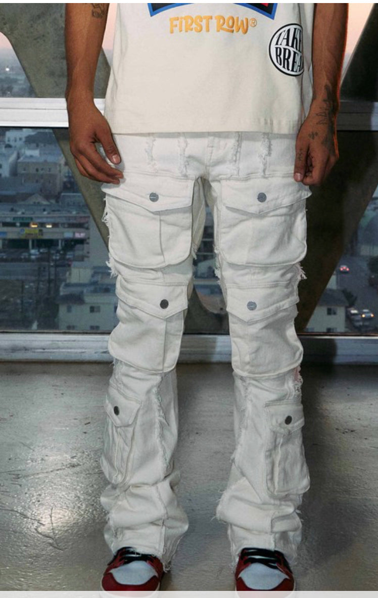 Out pocket men stacked jeans white